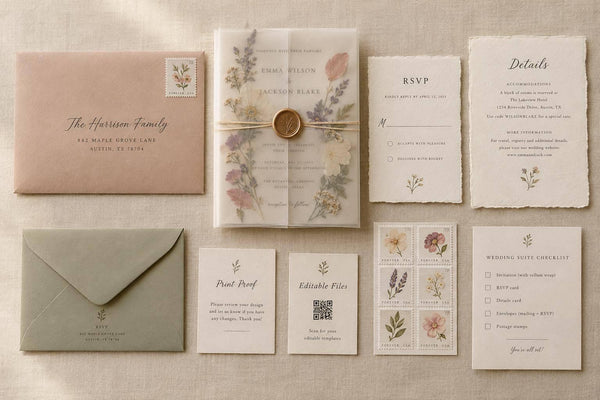 Pressed Flower Invitation Packs: Wedding Suite Checklist