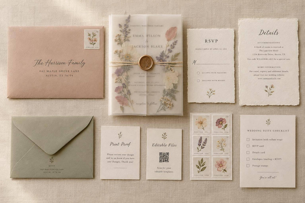 Pressed Flower Invitation Packs: Wedding Suite Checklist