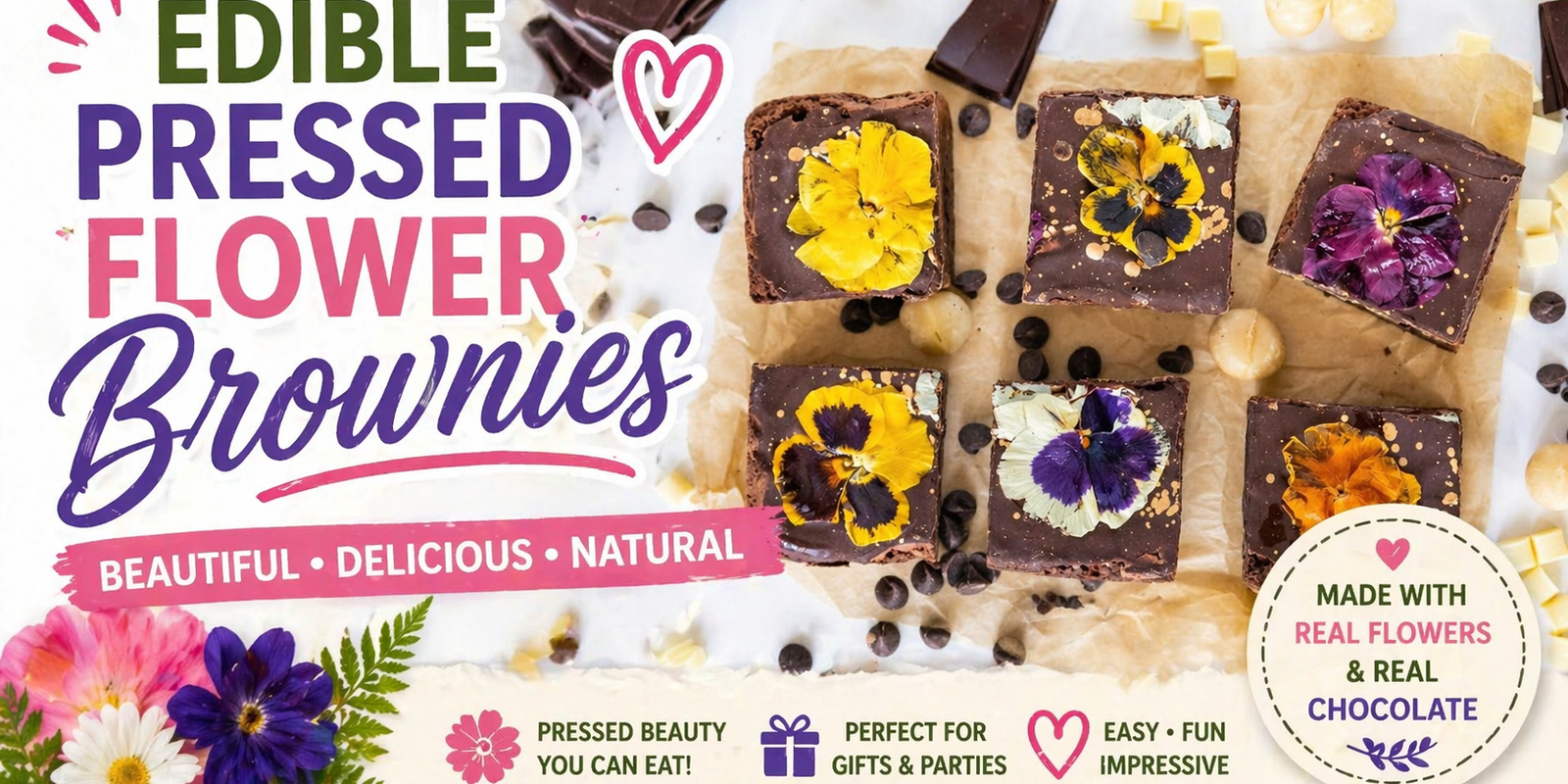 Pressed Flower Brownies | Easy Chocolate Dessert with Edible Flowers - Microfleur