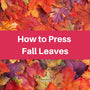 A flat-lay photo of a pile of colorful autumn leaves in shades of orange, yellow, and red. A large pink banner is laid across the center of the image, which reads "How to Press Fall Leaves."