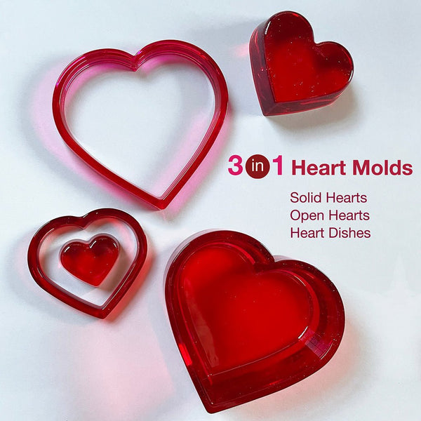 3 - in - 1 Heart Molds Set (super shiny silicone, make solid hearts, open hearts, and heart dishes in 4 sizes) - Microfleur