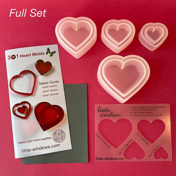 3 - in - 1 Heart Molds Set (super shiny silicone, make solid hearts, open hearts, and heart dishes in 4 sizes) - Microfleur