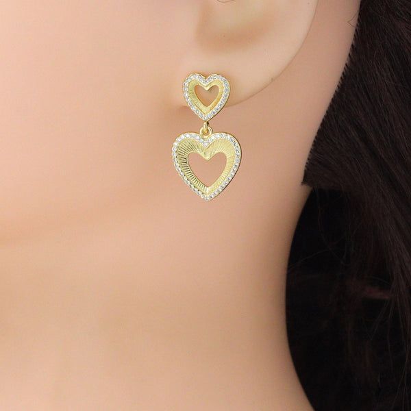 Clear CZ Gold Double open Hearts Stud Earrings, SkuLX833 - Microfleur