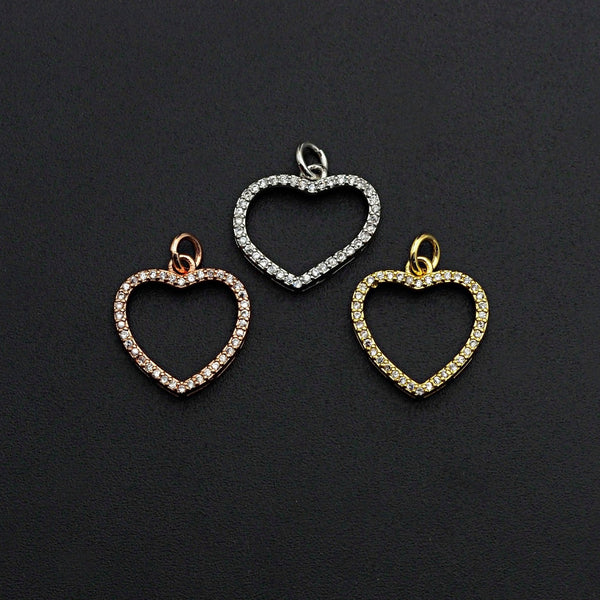 Clear CZ Micro Pave Open Heart Shape Pendant/Charm, Heart Cubic Zirconia Pendant, Silver/Gold/Rose Gold Tone,15x21mm,SkuFH19 - Microfleur