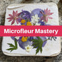 A flat-lay photo of a variety of colorful pressed flowers, including purple irises, pink cosmos, and yellow buttercups, arranged on a white piece of fabric. A large pink banner across the center of the image reads "Microfleur Mastery."