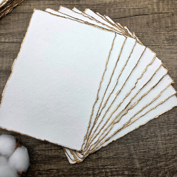 White Gold Trim Handmade Cotton Paper (Set of 10) - Microfleur